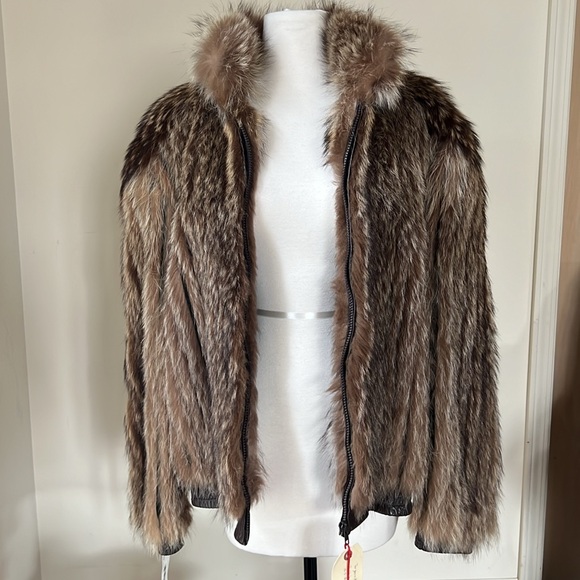 Furvien Paris Vintage Authentic Racoon Fur Brown Short w/Leather Trim Size L - Picture 9 of 16